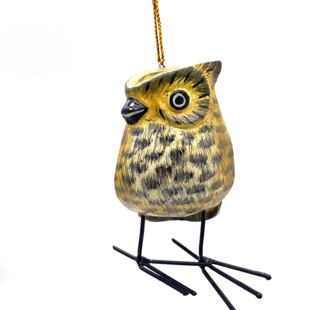 Hand Carved and Painted Owl Metal Leg Ornament